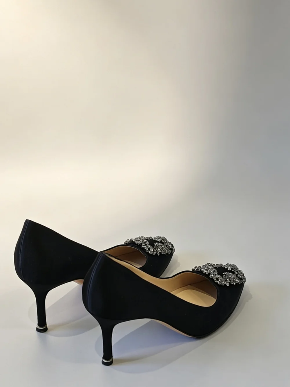 Manolo Blahnik Black Satin Hangisi Crystal-Embellished Pumps - Picture 6 of 12